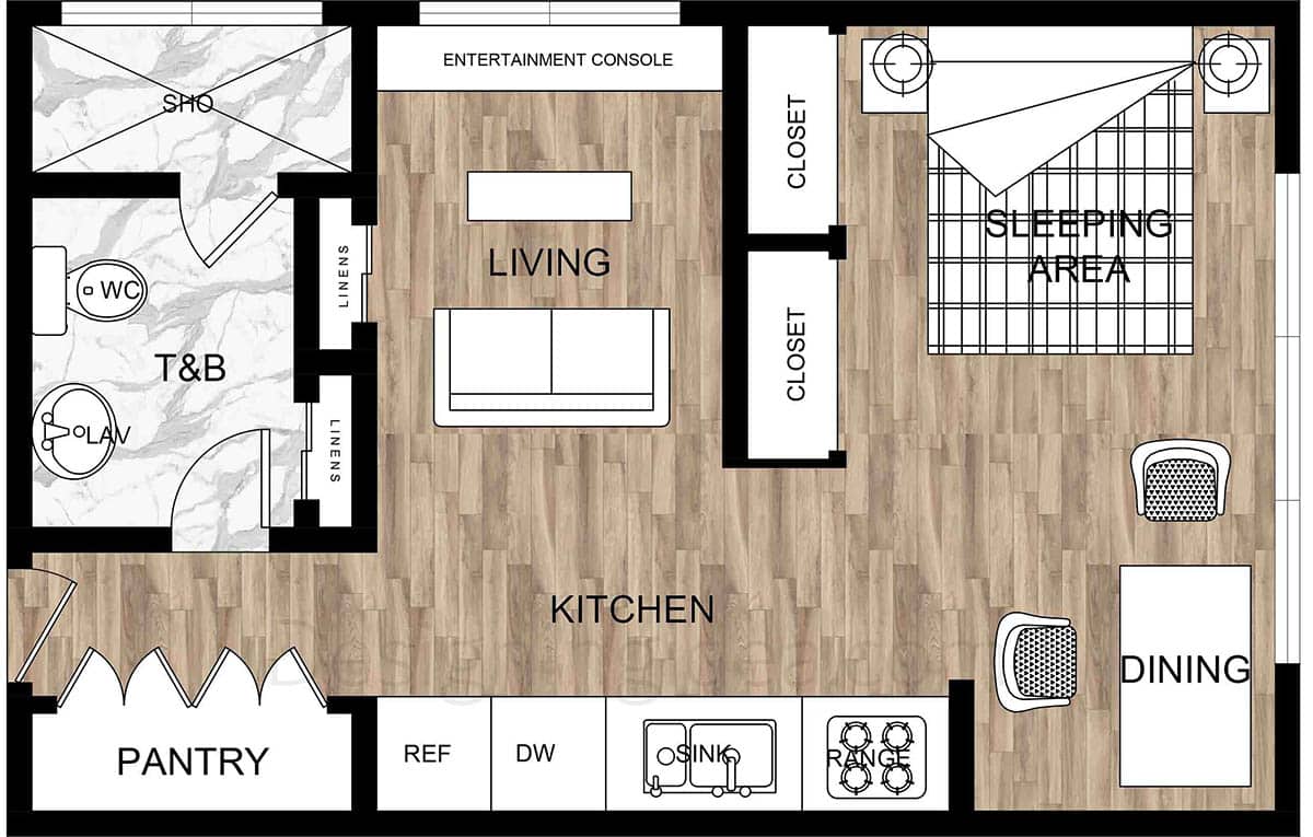 Zone defined floor plan layout for studio