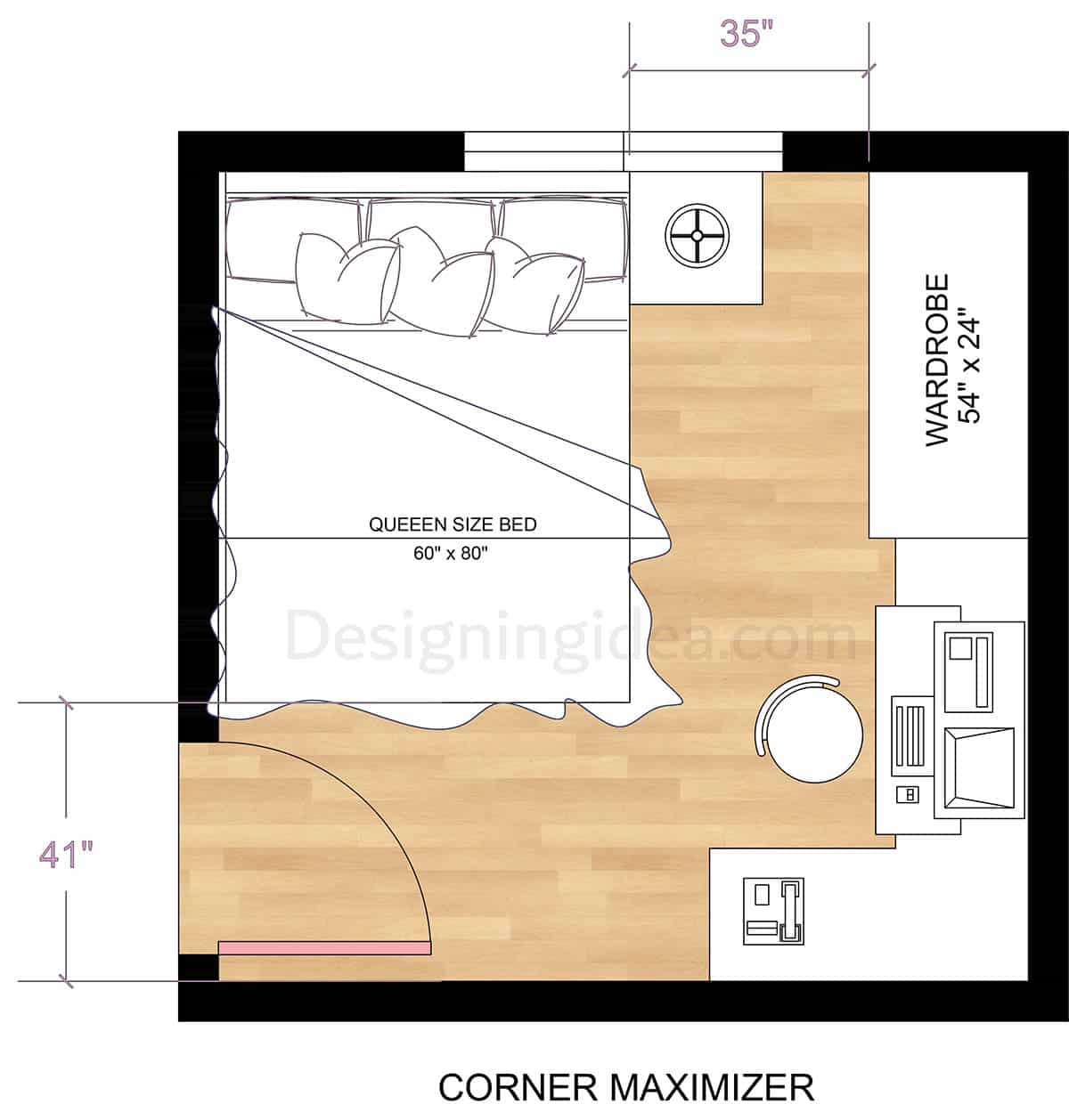 Bedroom corner maximizer floor plan