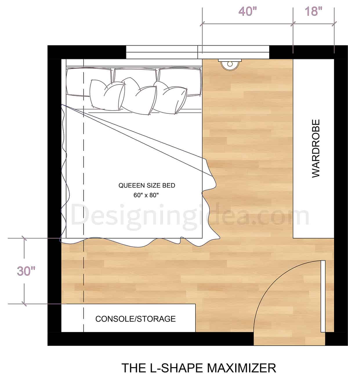 L-shape maximizer layout for a bedroom