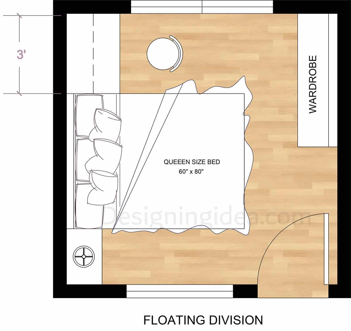 Bed as a floating divider layout