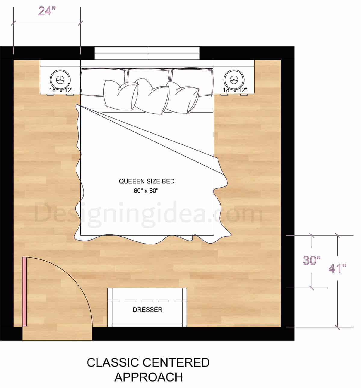 10x10 bedroom layout with classic centered design