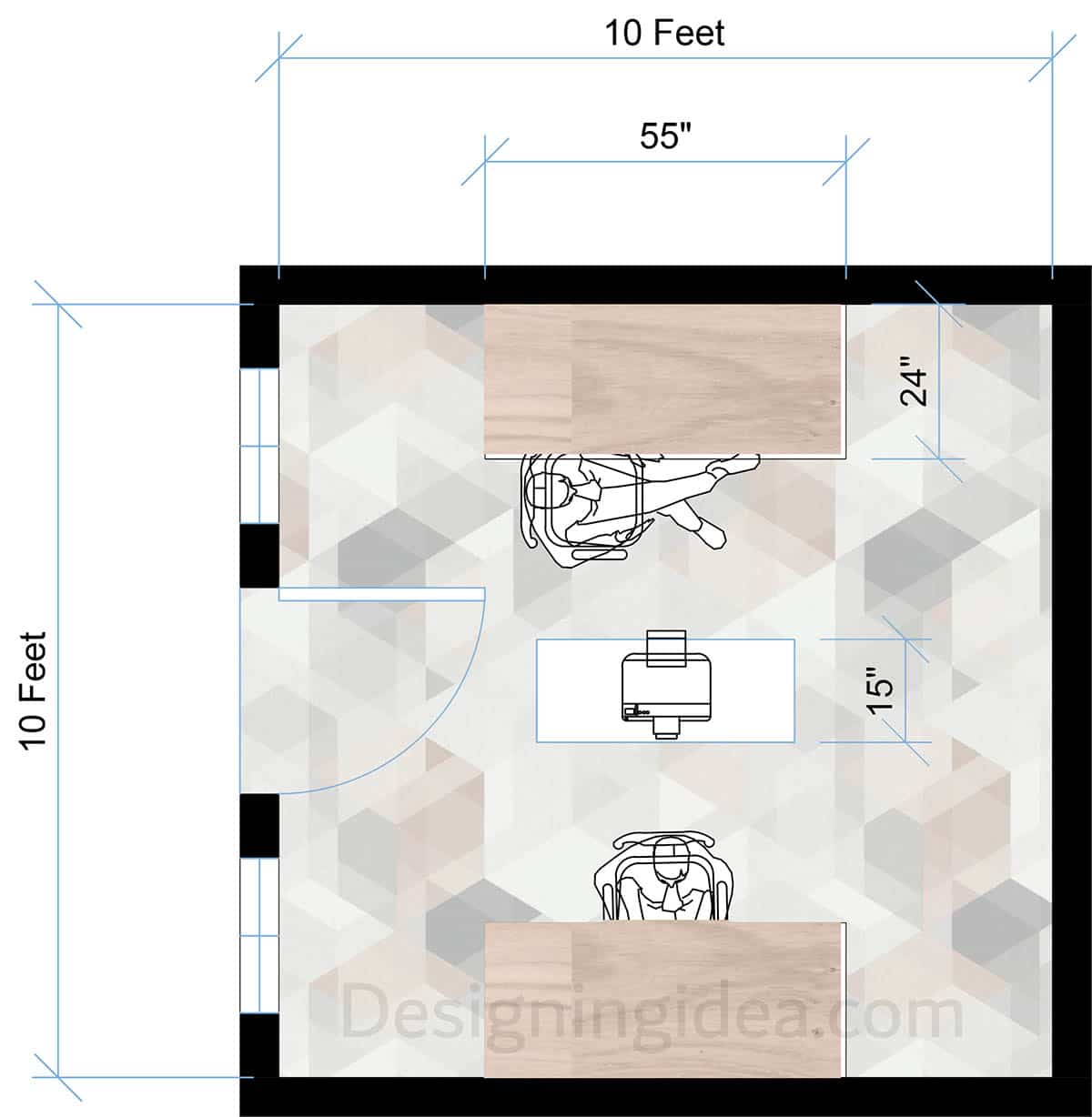 10x10 home office floor plan with parallel desks