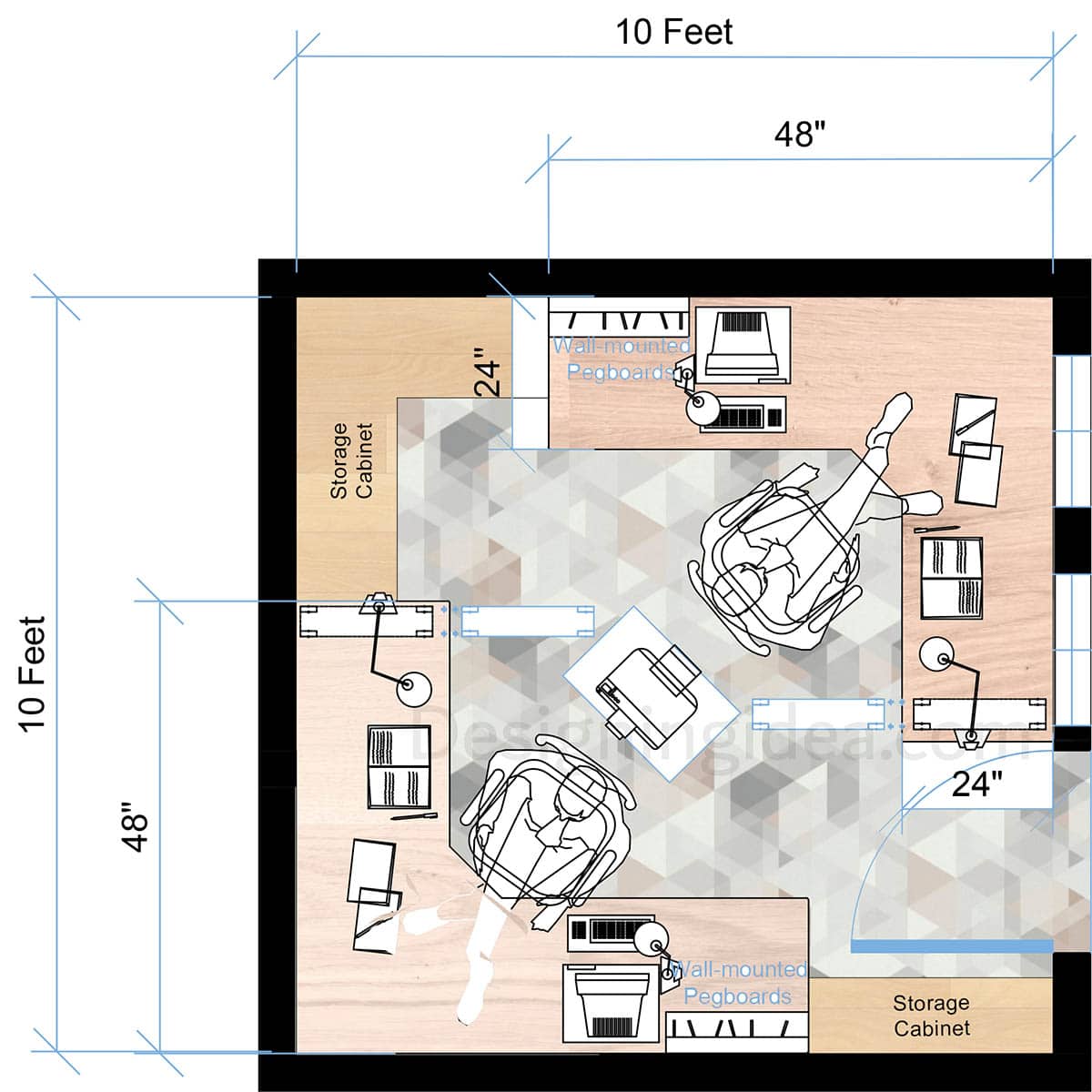 10x10 office layout with desks in opposite corners