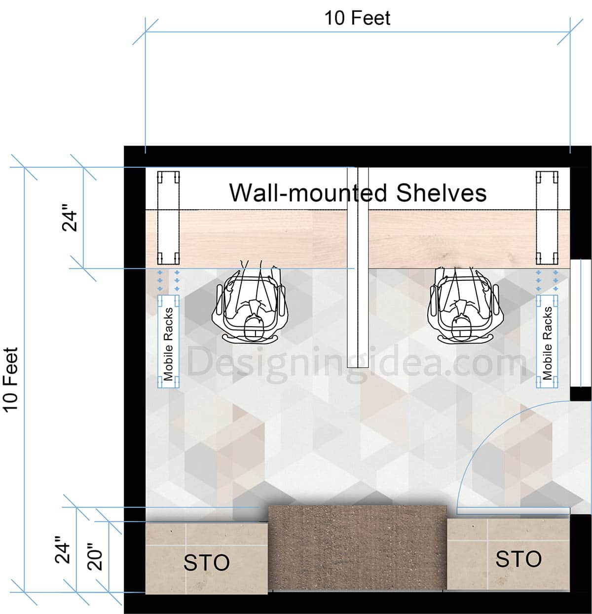 Office design with shared wall desk and wall mounted shelving