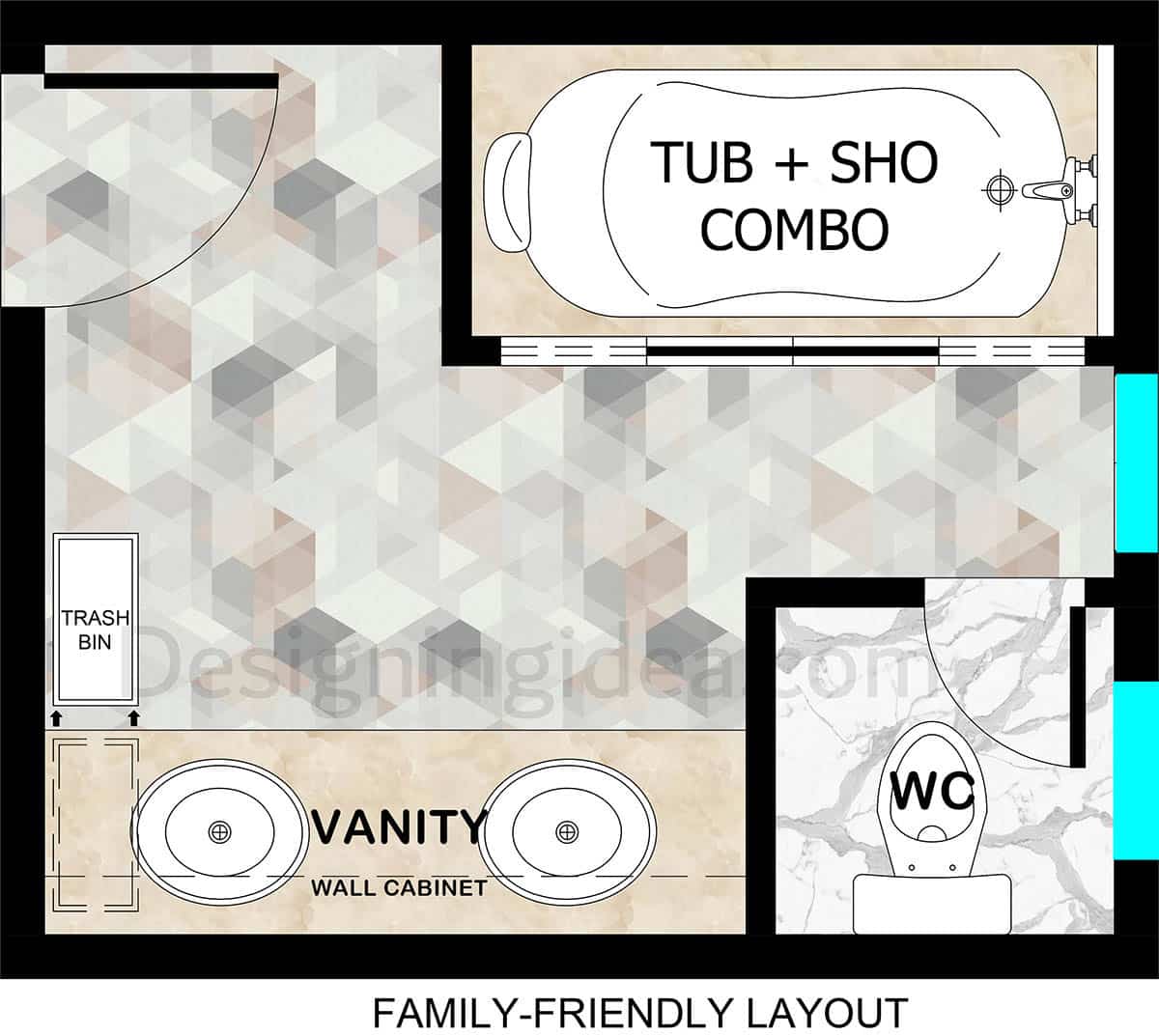 Family friendly tub and shower combo layout