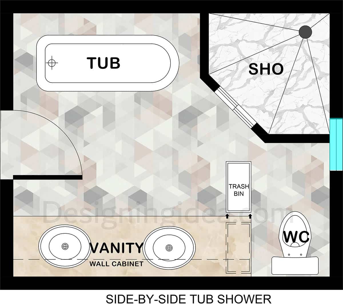 Side by side tub and shower layout