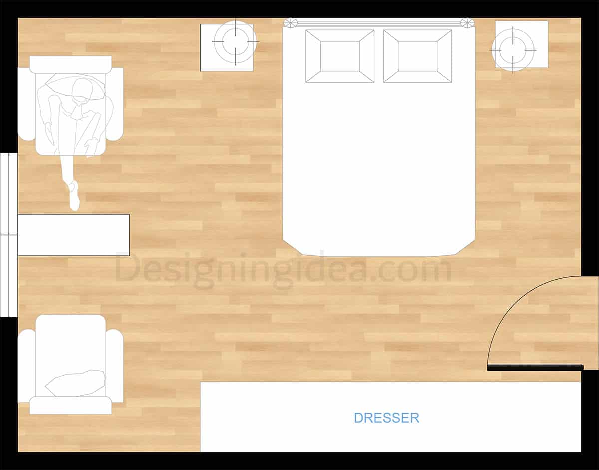 12x16 bedroom with queen bed and seating area layout