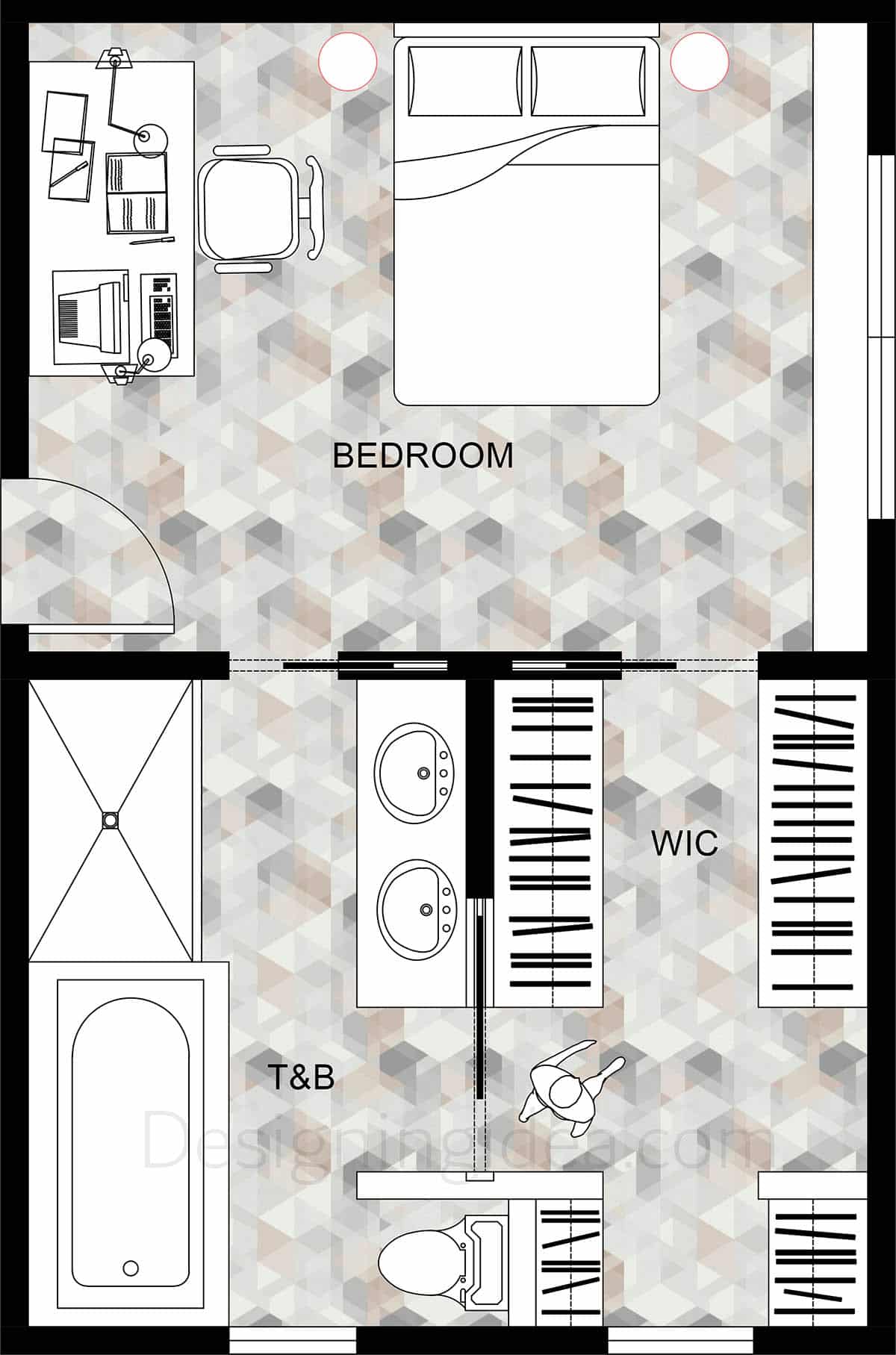 6x8 double entry closet design with bedroom and bathroom access