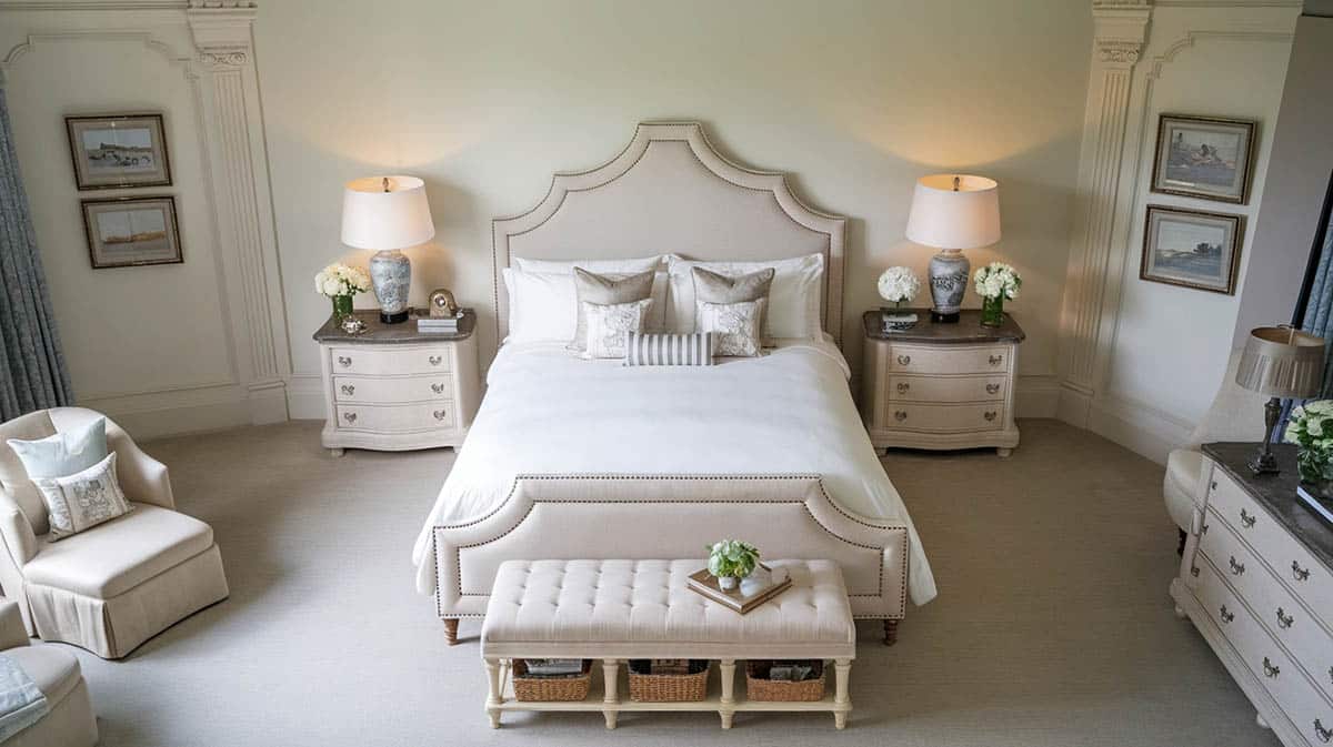 Bedroom layout for couples with classic symmetry design