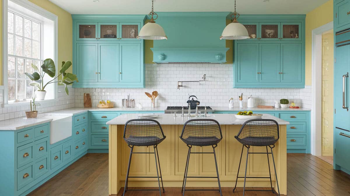 Cheerful kitchen with yellow walls and island and turquoise toned cabinets