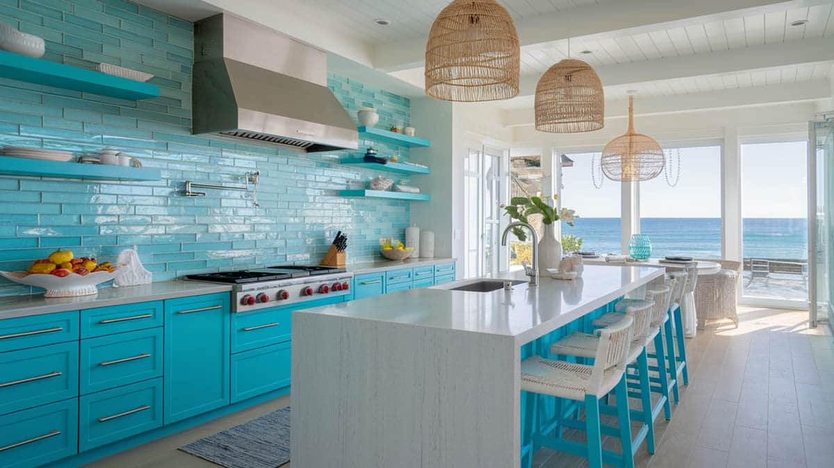 Coastal designed kitchen space with bright toned turquoise for tile and cabinets and sleek-chrome pulls