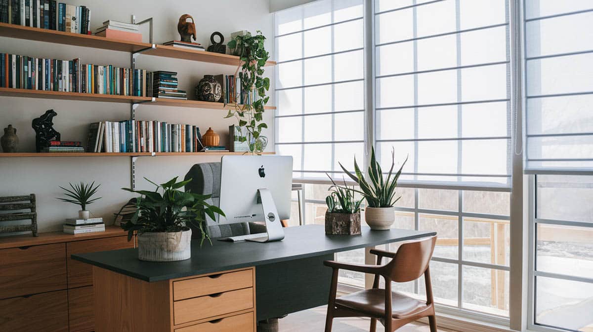 Contemporary home office with solar shades