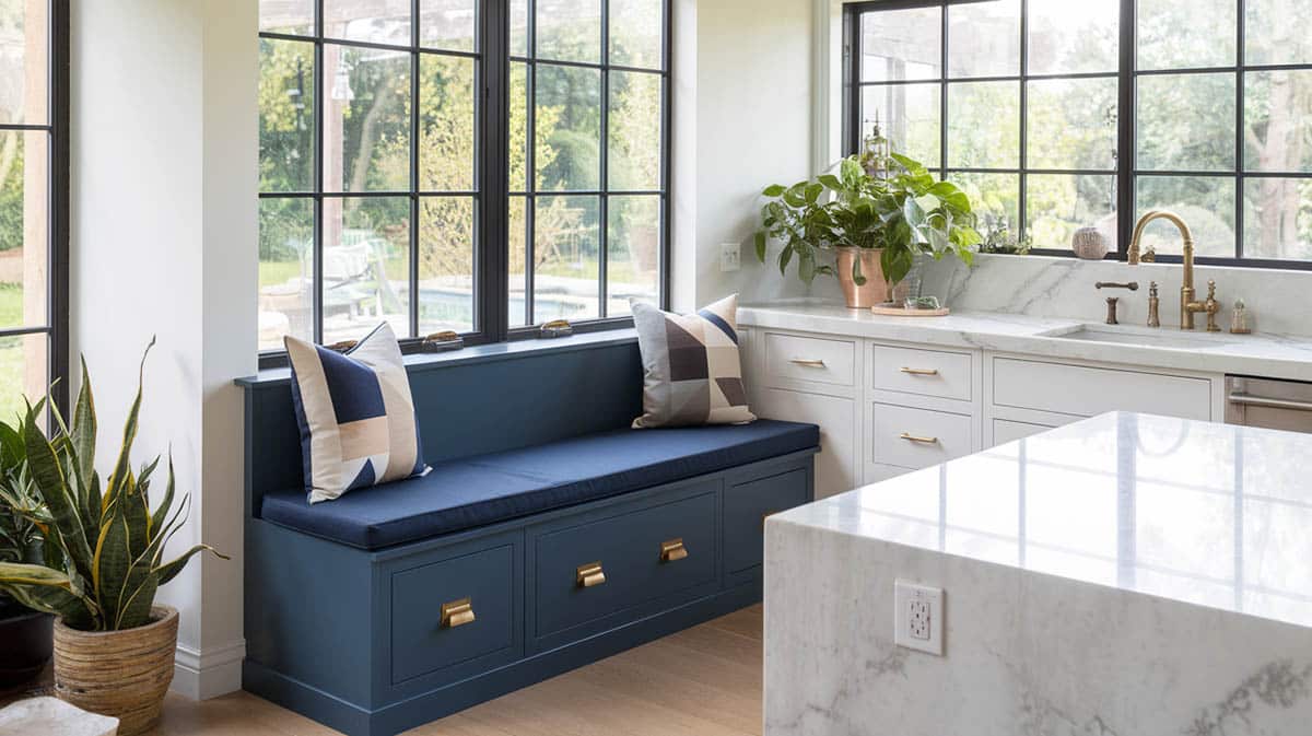 Contemporary styled kitchen with navy cabinet bench with brass hardware, geometric cushions and expansive garden views