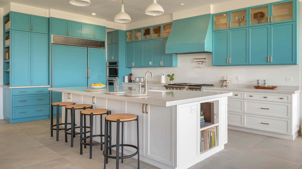 Contemporary kitchen with turquoise upper cabinets and white lower with white island and quartz countertops