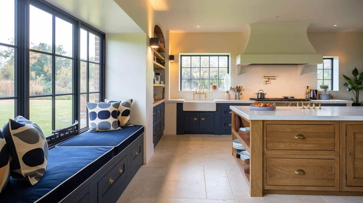 Kitchen with expansive garden views from navy blue cabinet seat 