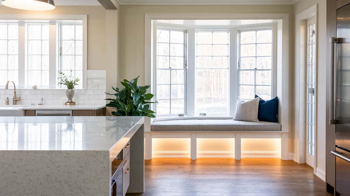 Contemporary kitchen with bay windows and bench with underlighting