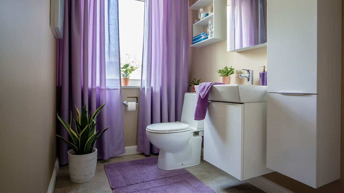 Small bathroom with lavender curtains