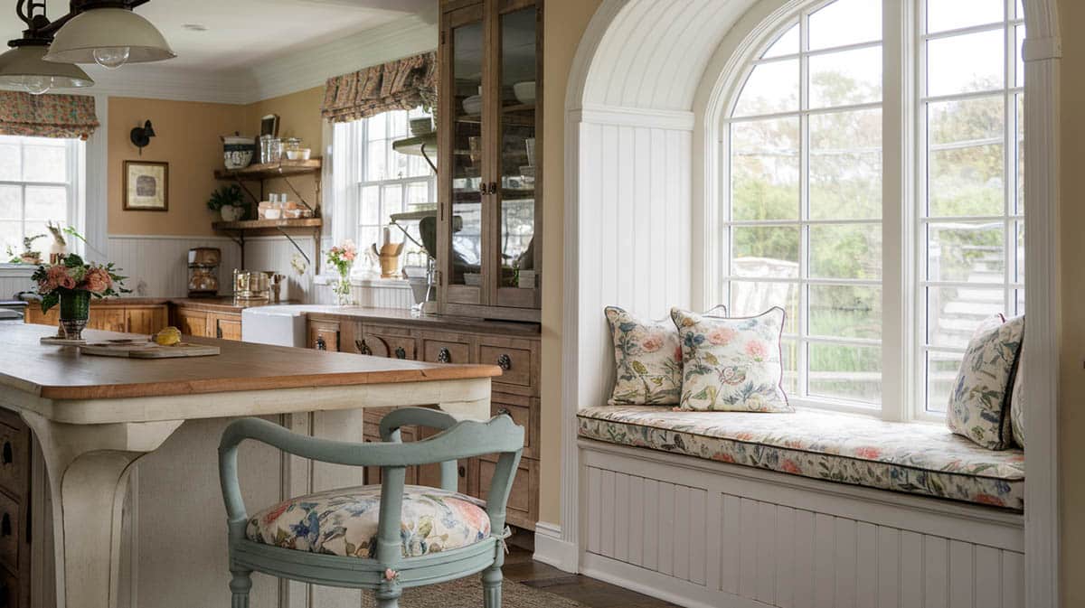 Cottage kitchen with beadboard framed curved window and floral cushion and pillows