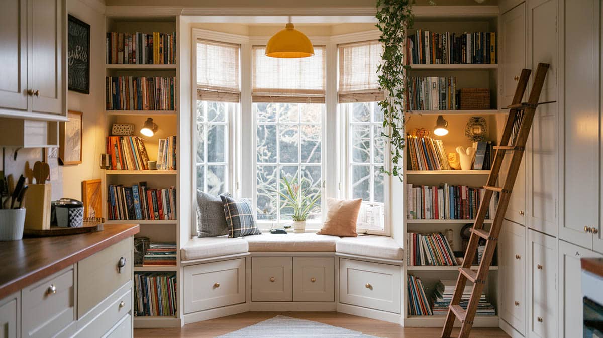 Cozy kitchen reading nook with integrated bookshelves, reading lights in bay window 