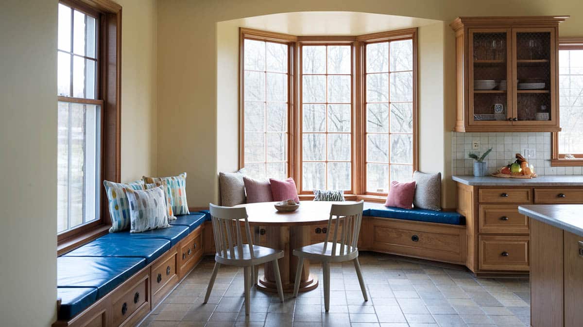 Family kitchen with durable bench with wipeable vinyl cushions, rounded corners and child safe windows