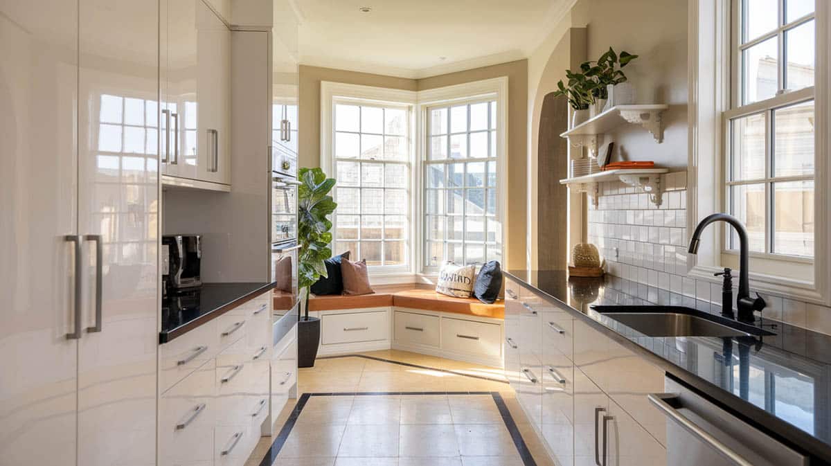 Galley kitchen with angle shaped seat, black quartz countertops and white cabinets