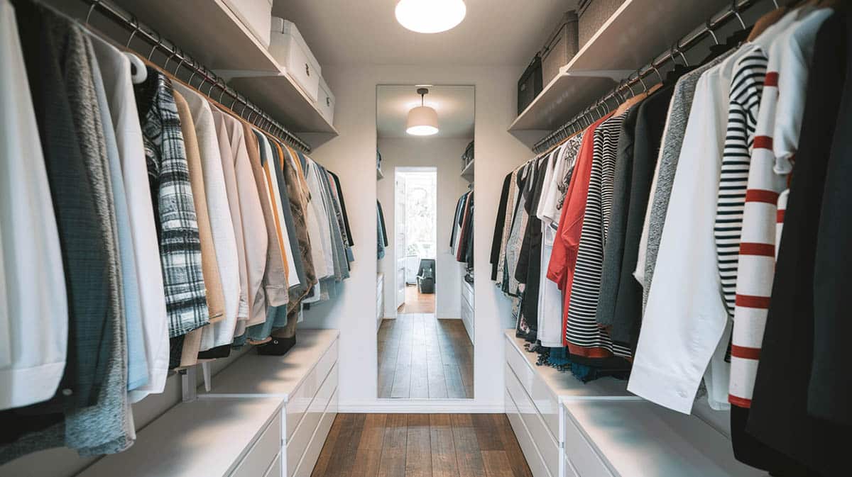 Galley closet with racks on either side and mirror at end