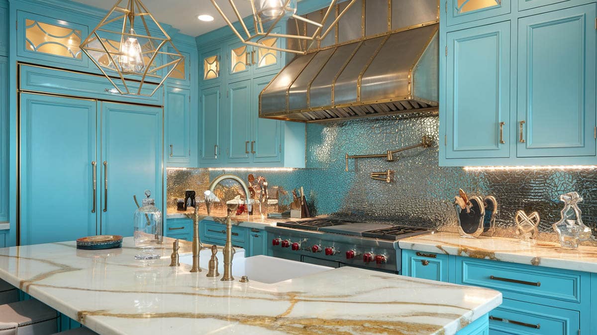 Glamorous kitchen with all turquoise color cabinets adorned with brushed brass hardware and gold veined marble counters