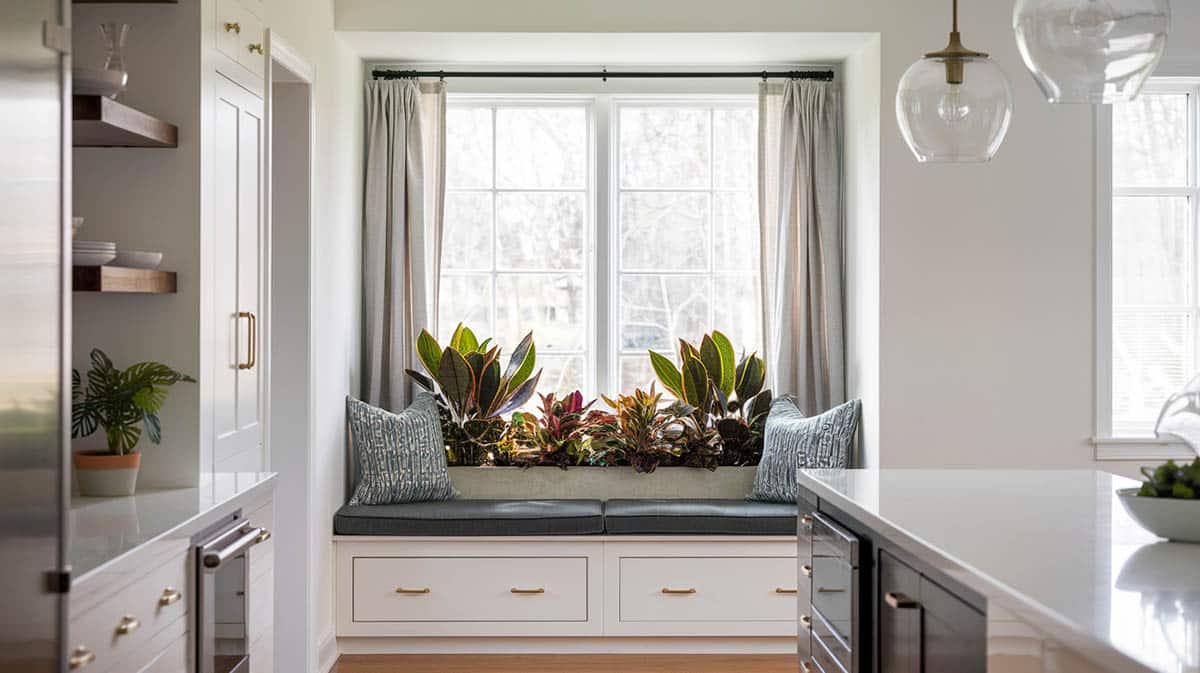 Kitchen with indoor planter and beautiful plants in window behind bench 