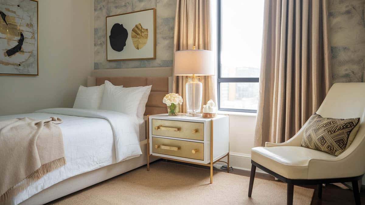 Luxe contemporary bedroom with champagne curtains with nightstand with gold finishes