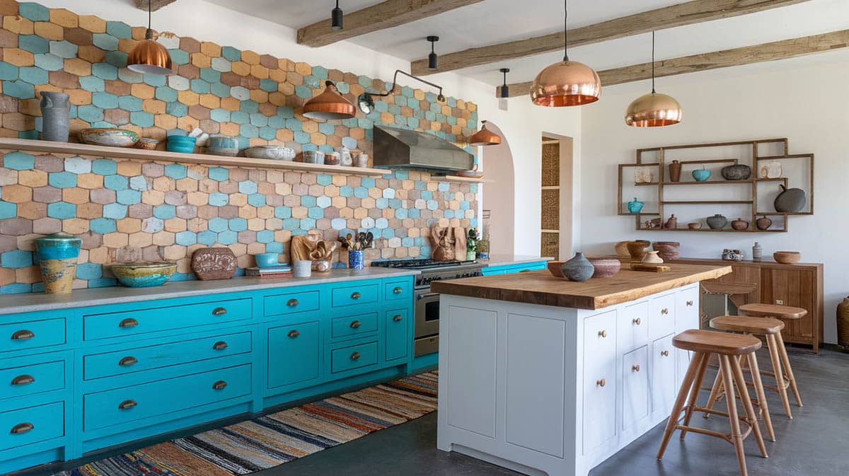 Modern bohemian kitchen with vibrant cabinets paired with handmade Moroccan backsplash