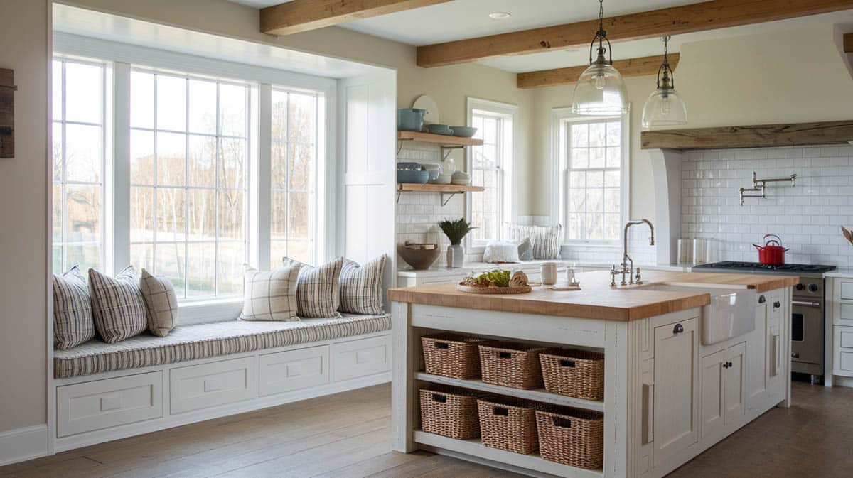 Modern farmhouse custom kitchen with large central island with butcher block counter and wood beams