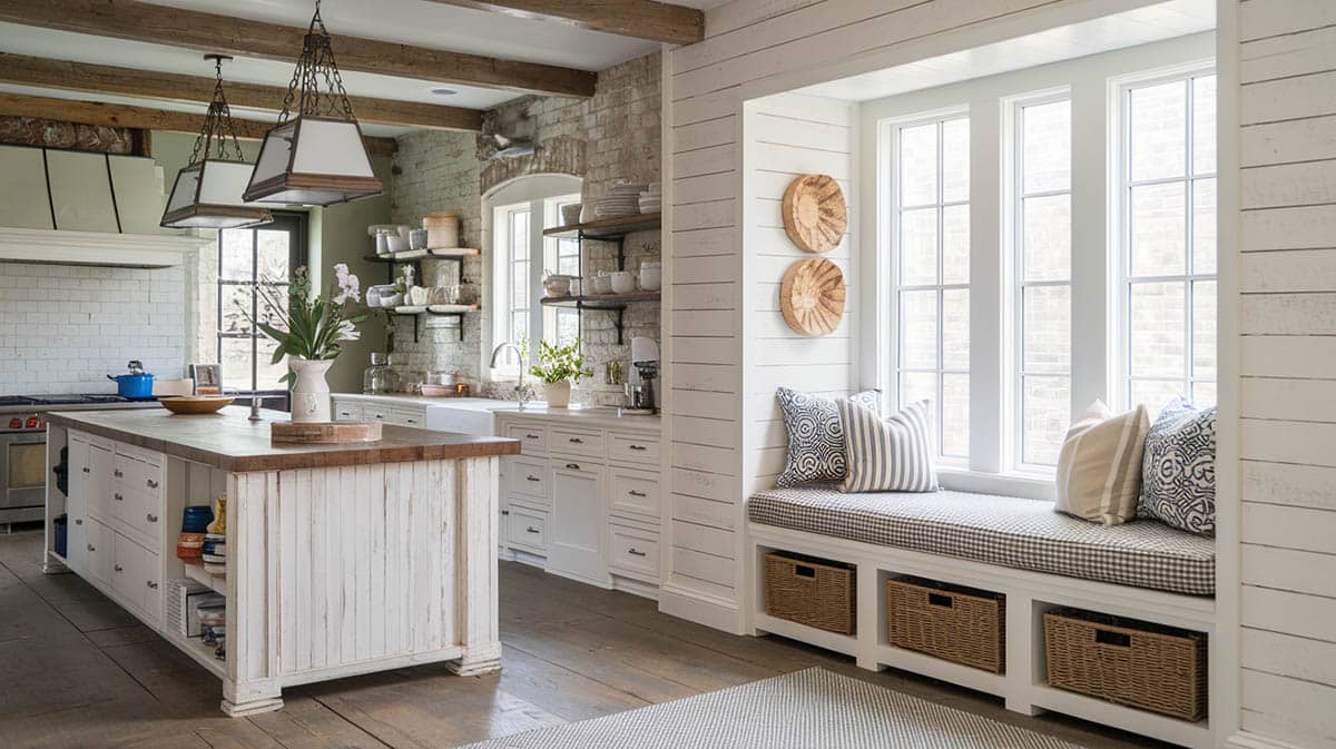 Modern farmhouse kitchen with shiplap window seat and under bench basket storage