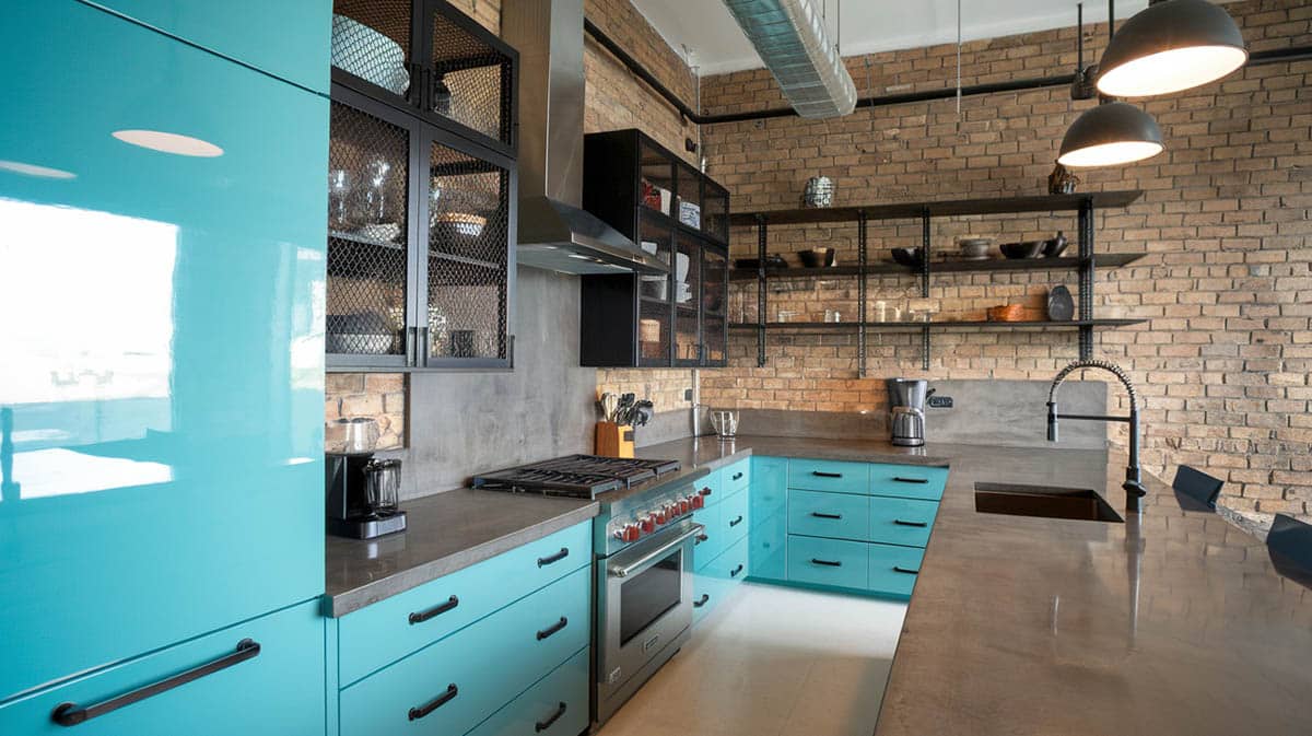 Modern industrial kitchen with high gloss cabinets against exposed brick wall and polished concrete countertops