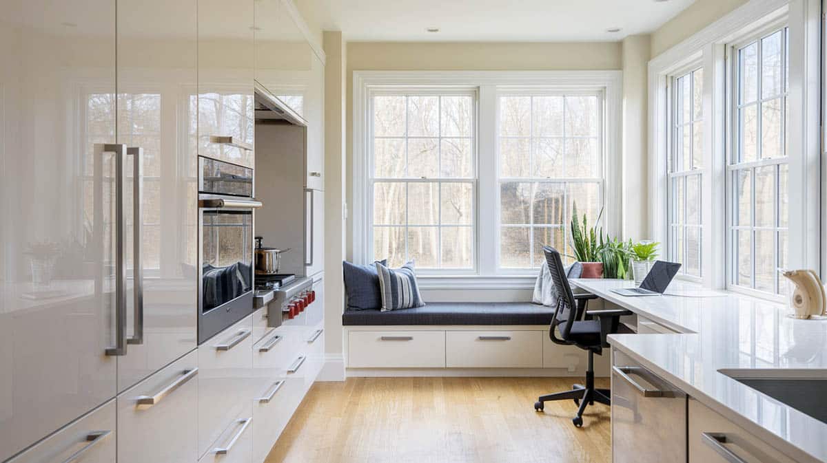 Kitchen with built-in cushioned bench and integrated office desk with double-hung windows