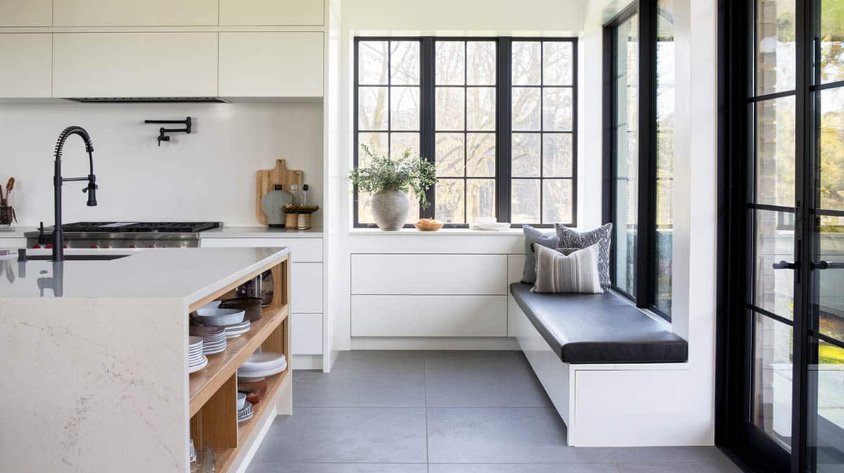 Modern white cabinet kitchen with lift top storage seat