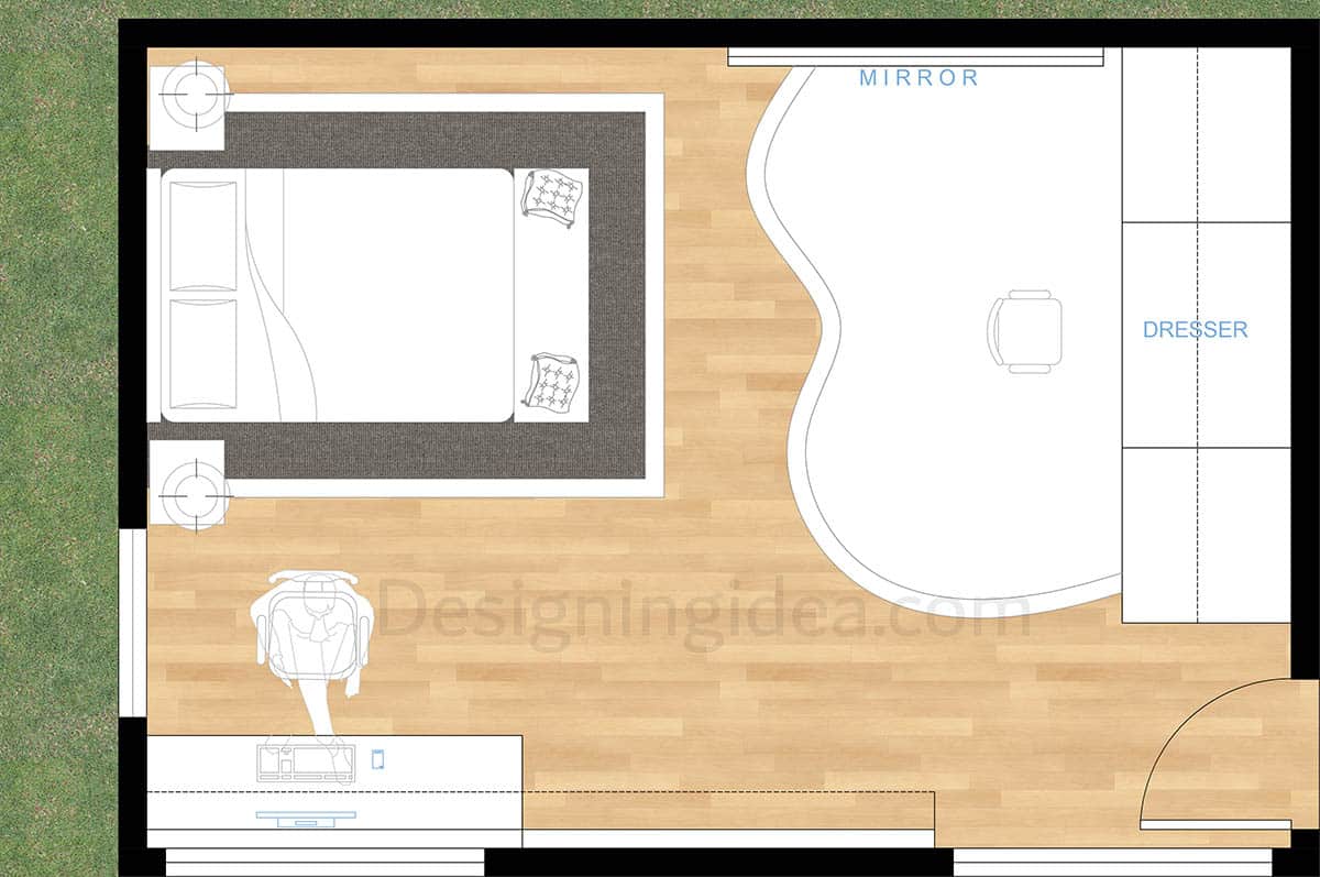 14x20 open concept bedroom with dressing area layout