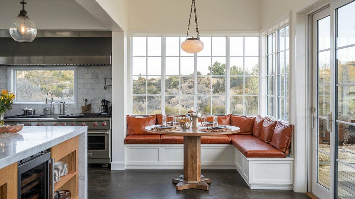 Open concept kitchen with dining banquette with leather cushions, pedestal table and floor to ceiling windows