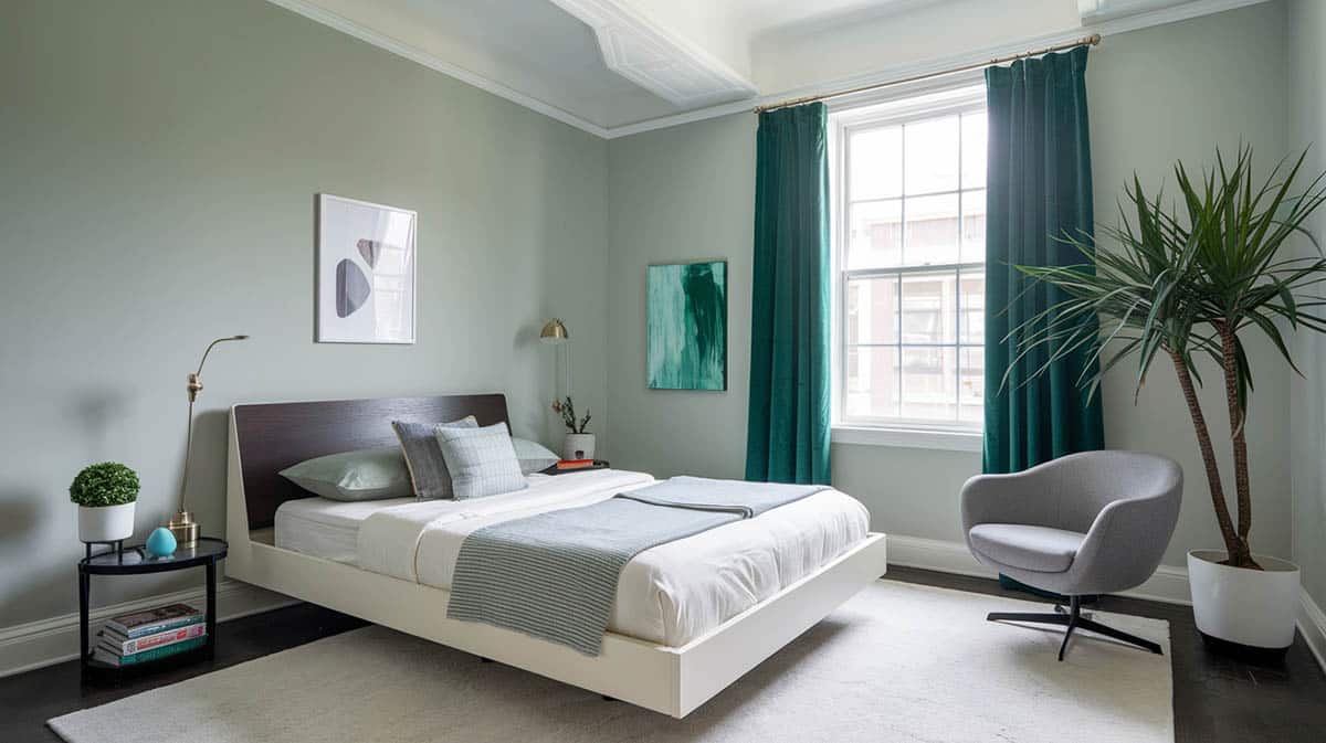 Emerald curtains in a bedroom with pale gray painted walls