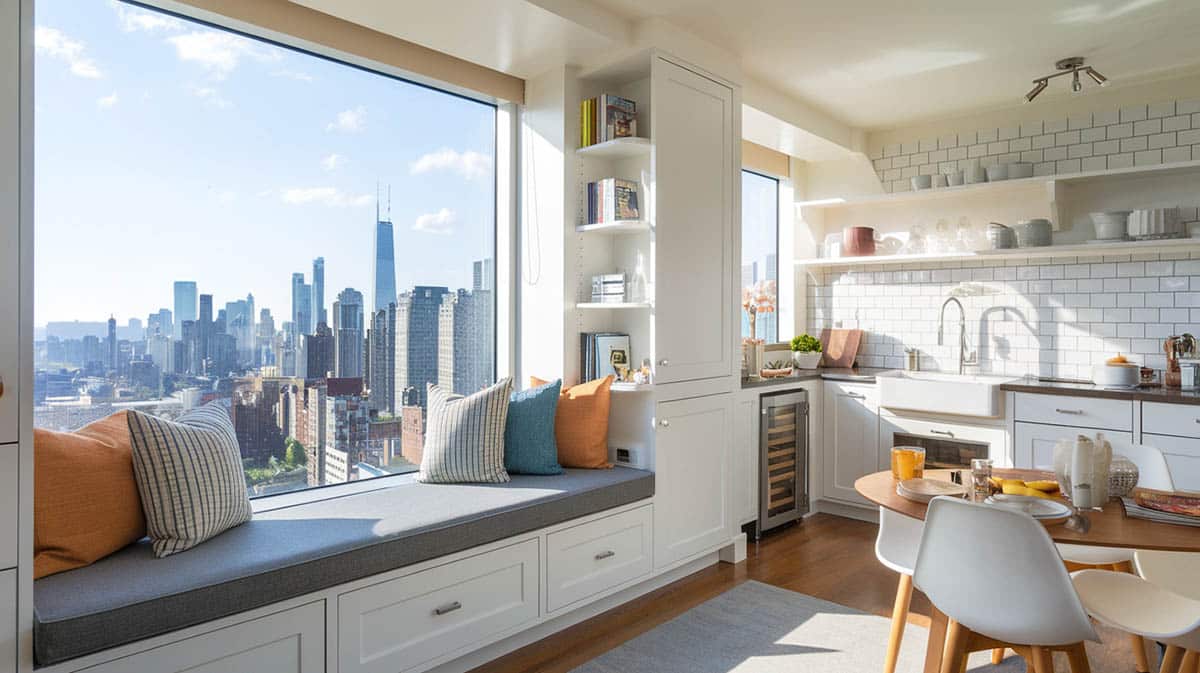 Space saving kitchen with window bench, hidden storage, multifunctional design and city skyline views