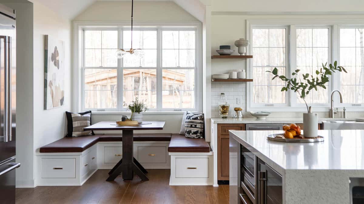 Stylish breakfast nook with square table for family eat-in-dining