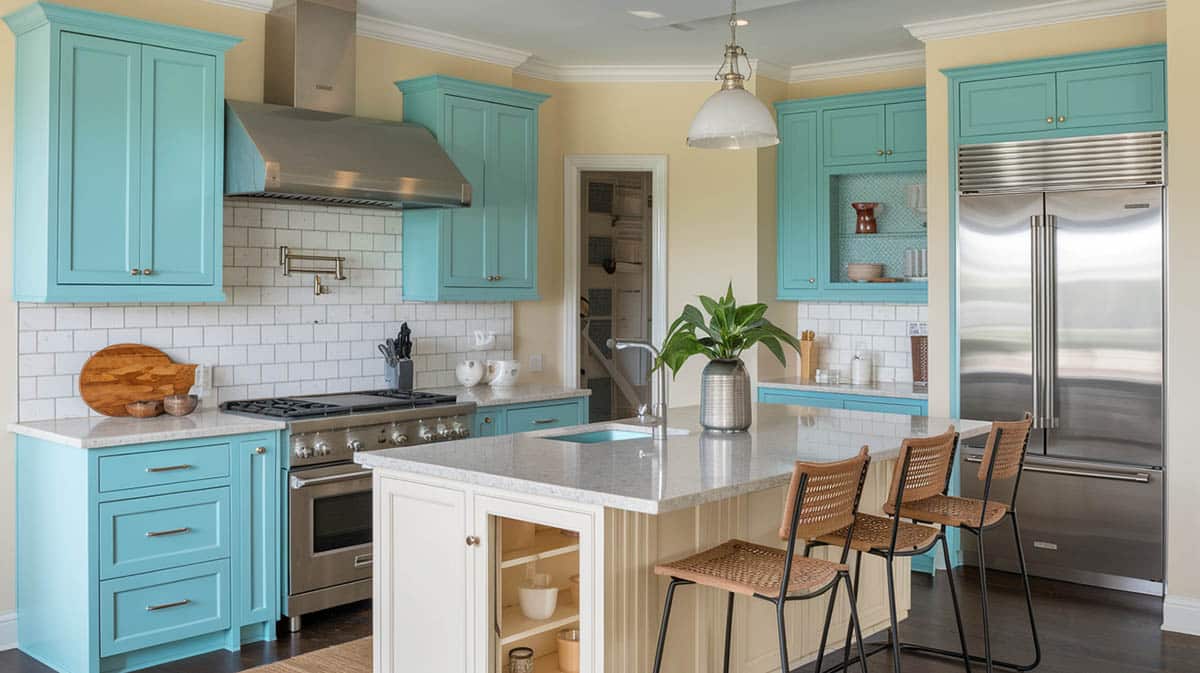 Stylish kitchen with cabinets in a turquoise tone and cream island and walls