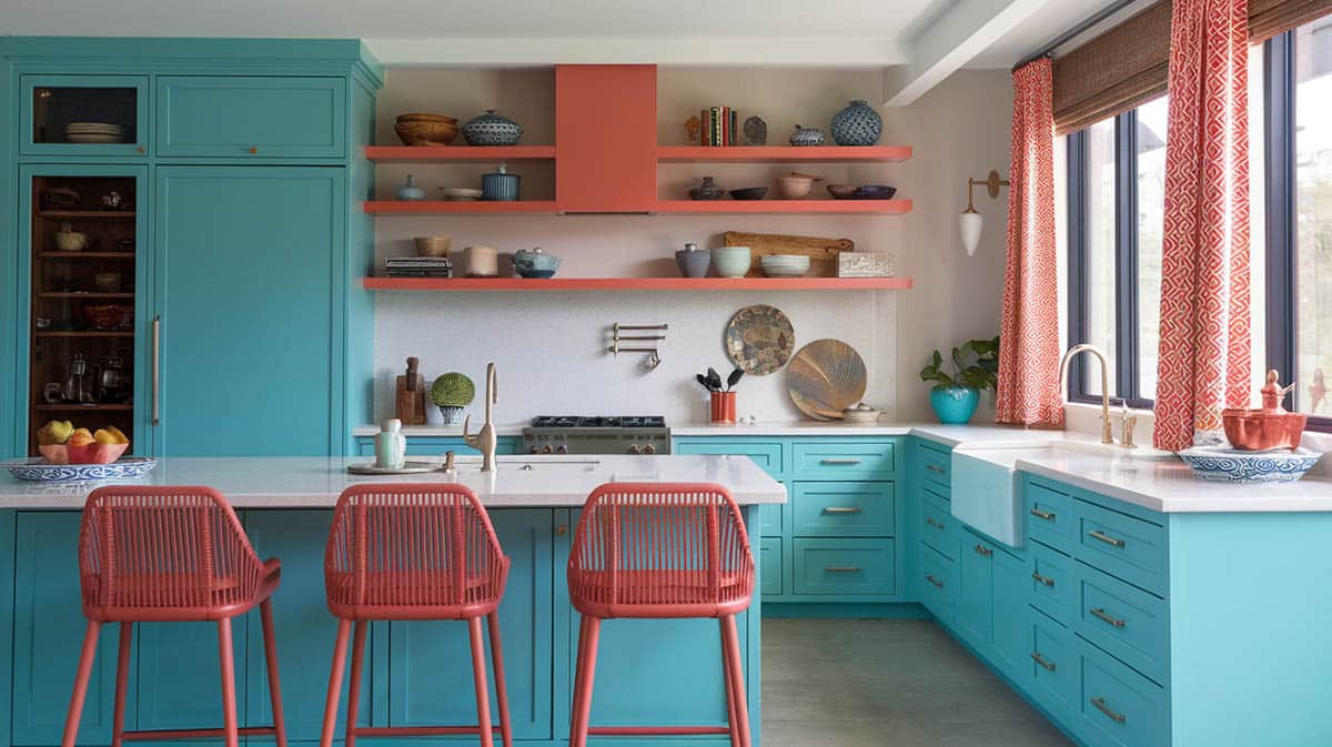 Trendy kitchen featuring turquoise hues accented by coral bar stools and curtains