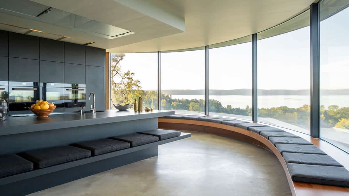 Ultra modern style kitchen with floating window bench matte black finish slim cushions and panoramic views