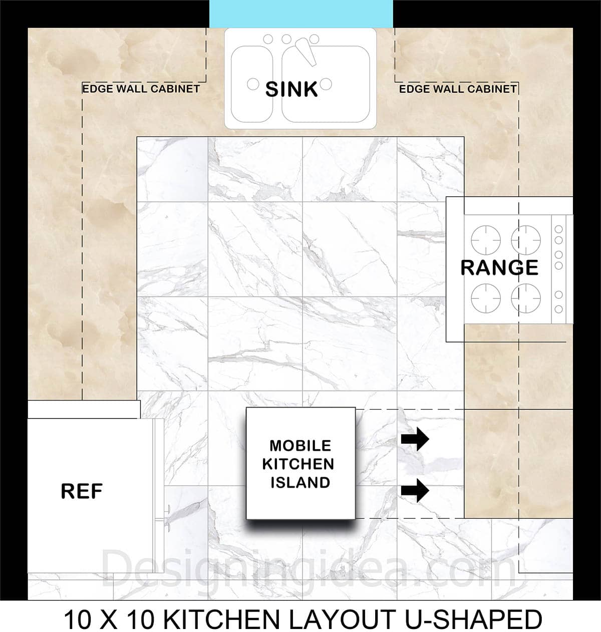 10x10 Kitchen With U-shape Floor Plan With Movable Island