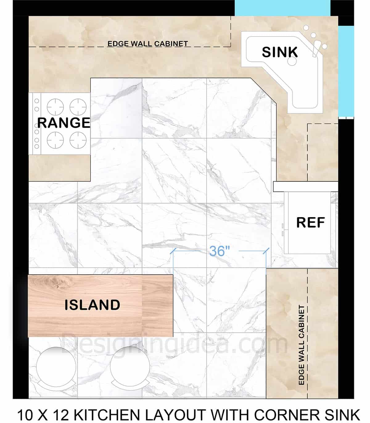 10x12 Kitchen With U-shape Layout, Corner Sink And Island Cart