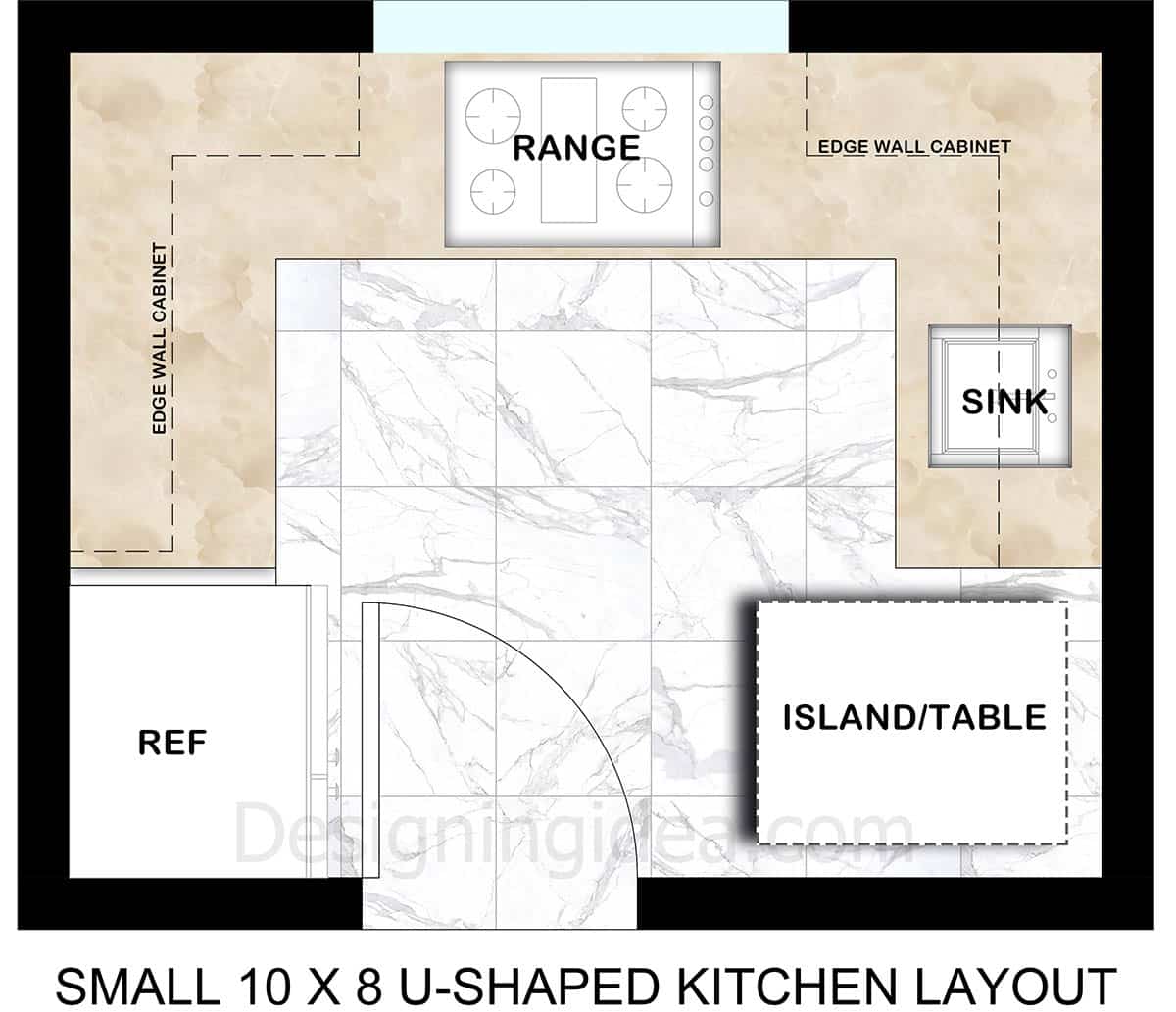 Small 10x8 u-shaped designed kitchen with a moving island/table