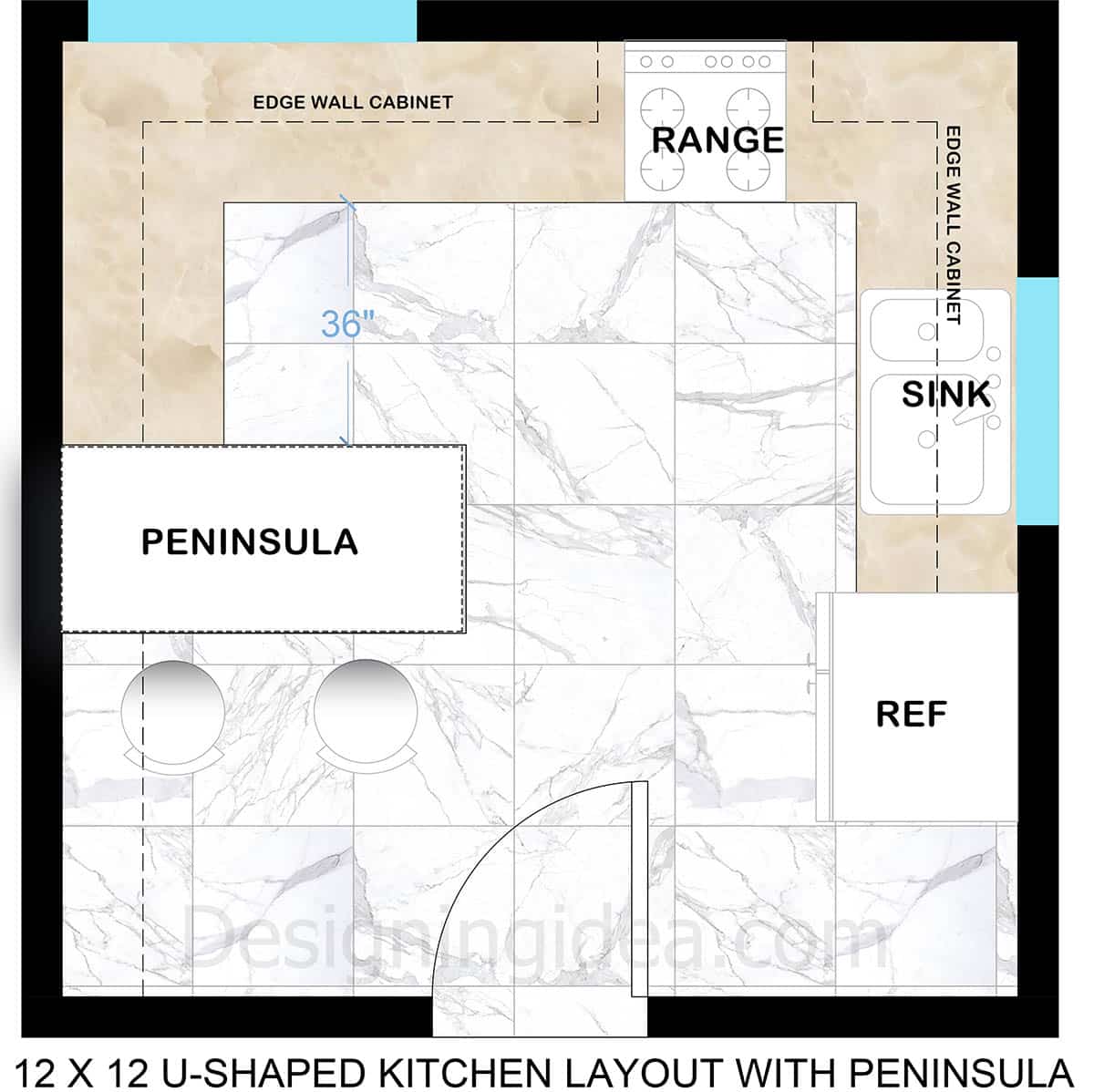 12x12 U-shaped Design Kitchen with Peninsula Table