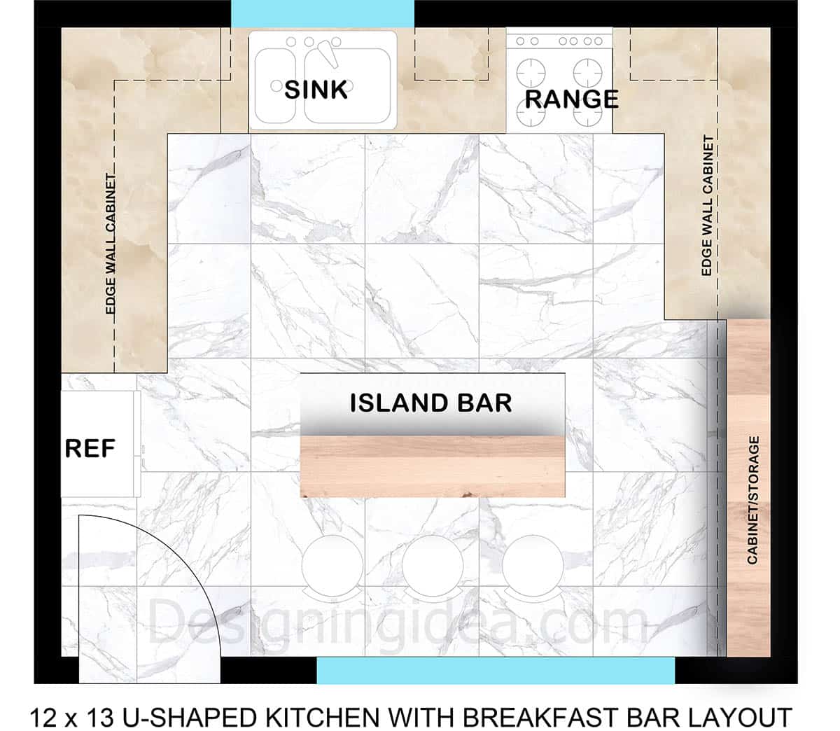 12x13 U-shaped Floor Plan Kitchen with Breakfast Bar Island