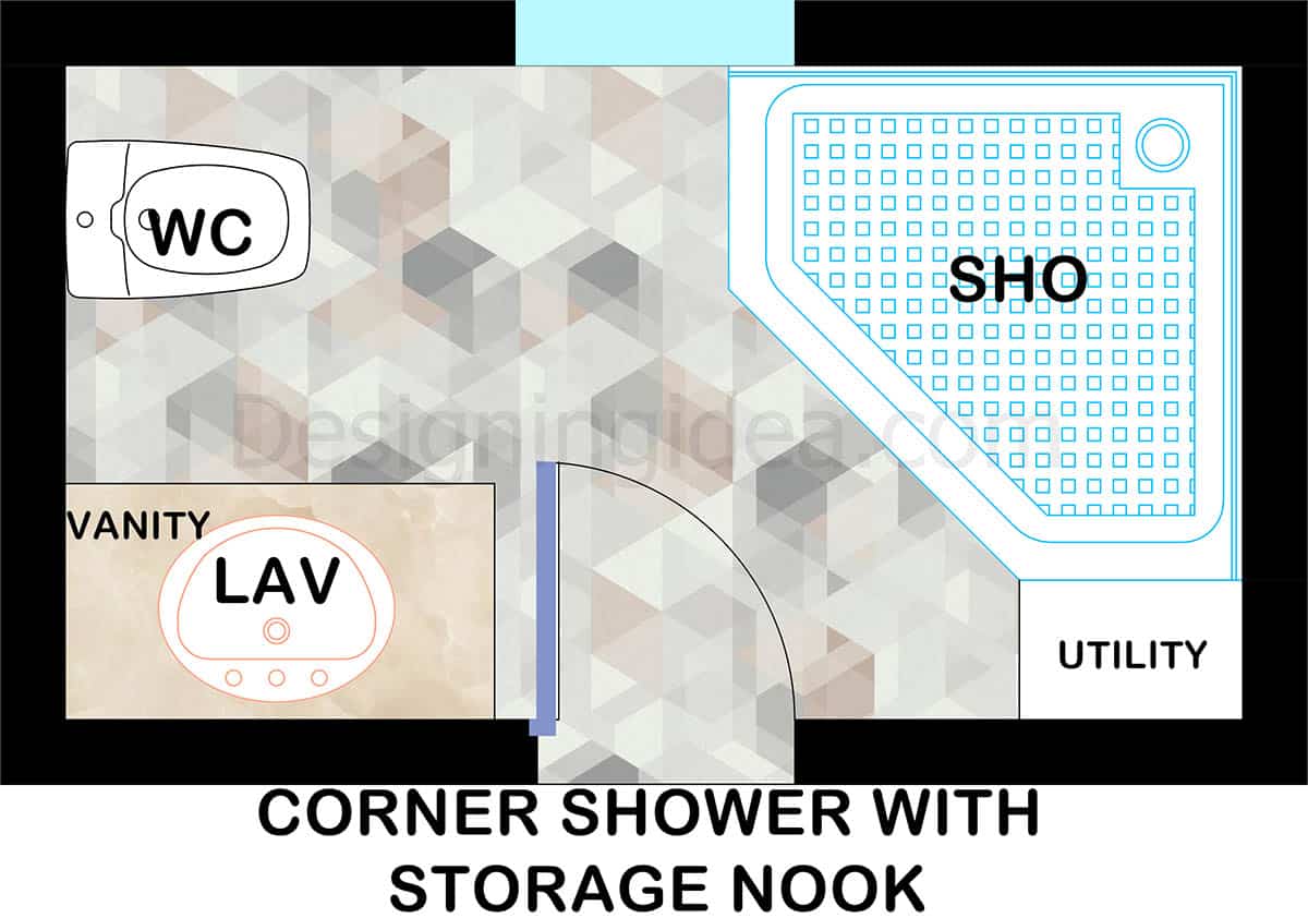 Bathroom with corner shower and storage nook