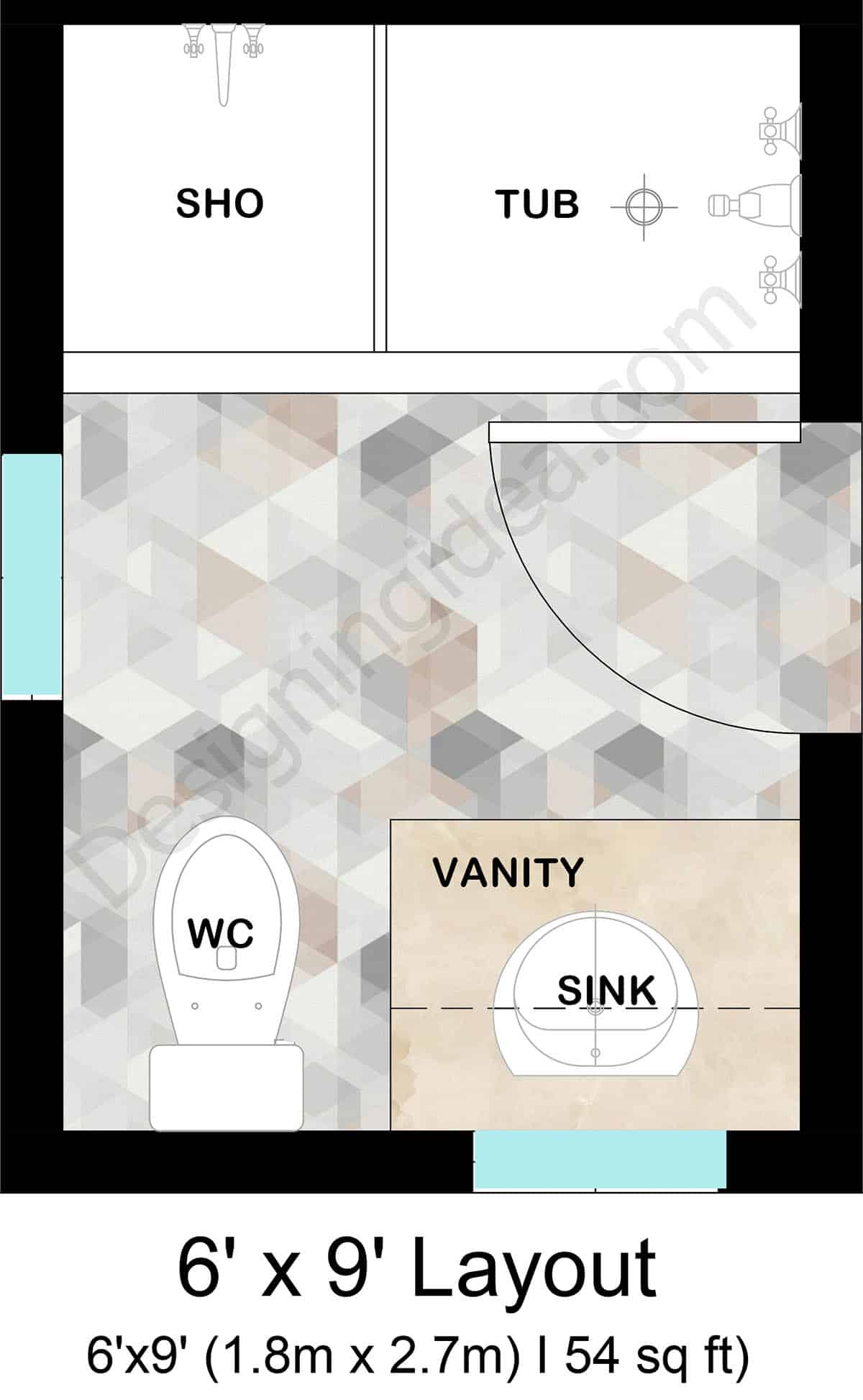 6x9 bathroom with side by side shower and tub layout